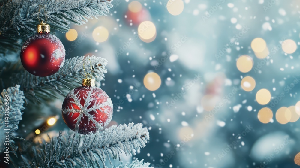 Aufkleber festive christmas tree close-up with ornaments and snowflakes creating a warm bokeh background for h