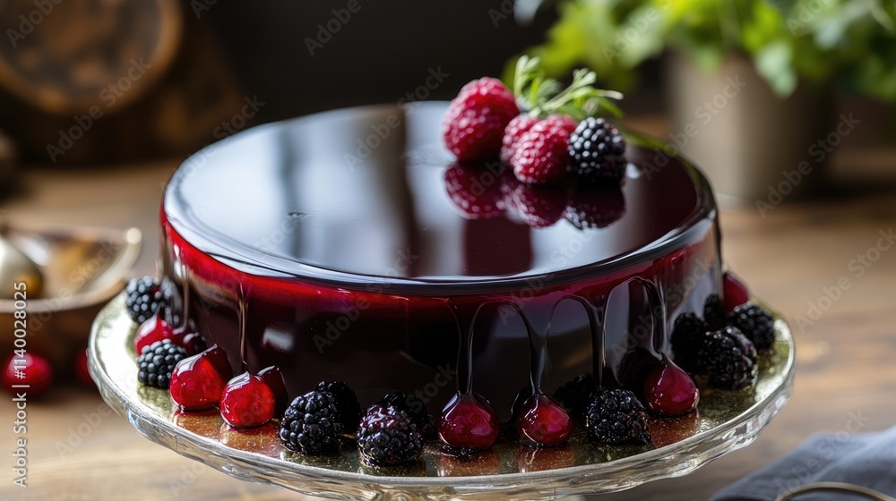 Canvas Prints Elegant dessert featuring a glossy mirror glaze topped with fresh raspberries and blackberries on a rustic wooden table.