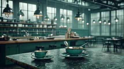 Empty Teacup   Creamer on Dark Table  Industrial Cafe Background