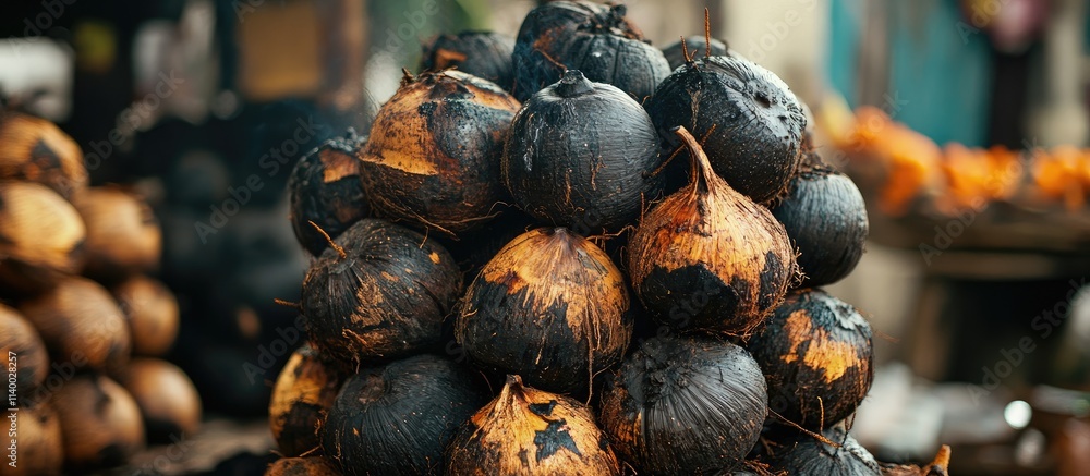 Poster burned coconut stack displayed at local market showcasing unique textures and colors of charred coco