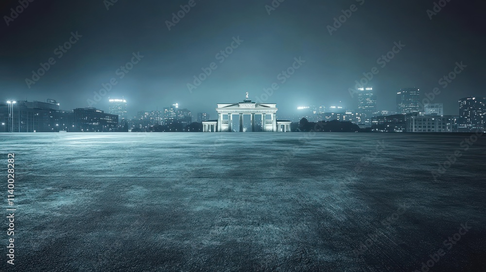 Poster A nighttime view of a grand architectural structure amidst a city skyline.