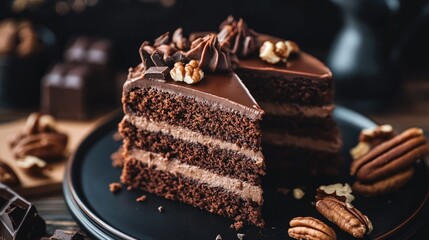 Decadent chocolate layer cake topped with nuts and nougat served on a dark plate with chocolate pieces and pecans surrounding it