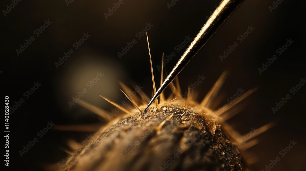 Poster detailed close-up of cactus spines highlighting their sharpness and texture against a soft focus bac