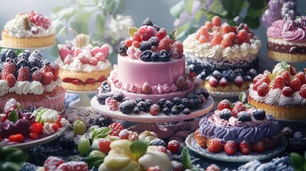 Assorted gourmet cakes and desserts with fresh fruits and cream arranged beautifully on a rustic table setting