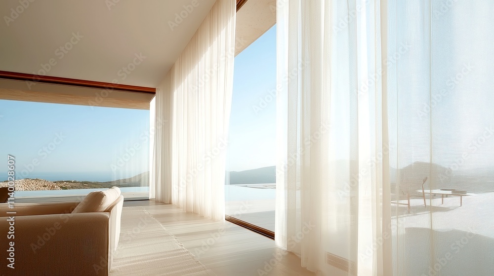 Poster light and airy sheer curtains, delicate fabrics that gently diffuse sunlight, creating a serene atmo