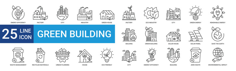 Green building icon collection set with efficiency, factory, renewable, solar house, solar panel
