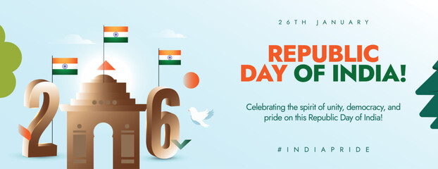 26th January Republic Day of India. Indian cover with Indian Flag golden number, India gate, modern elements. Indian Republic Day celebration banner for social media