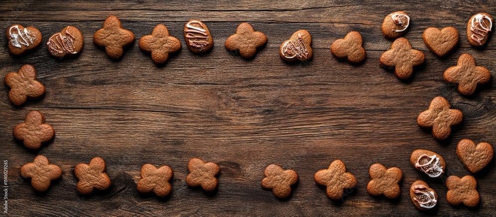 Aufkleber festive gingerbread cookies arranged on a rustic wooden table creating a customizable backdrop for c