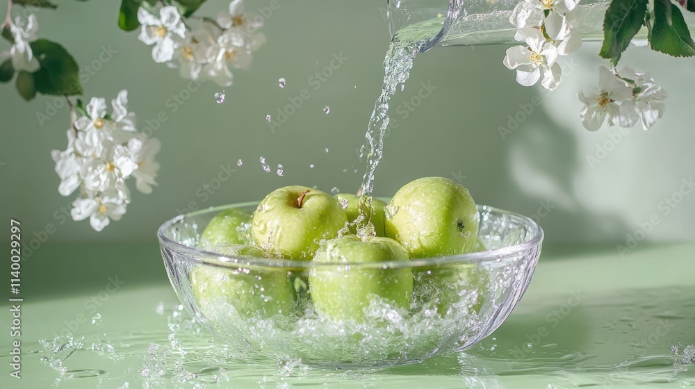 Poster fresh green apples in a bowl being splashed with water, surrounded by flowers.