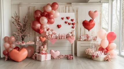 Romantic Valentine's Day Decor with Balloons and Sweet Treats Display