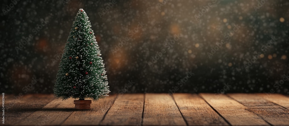 Poster decorative christmas fir tree on a rustic wooden surface with a festive bokeh background creating a 