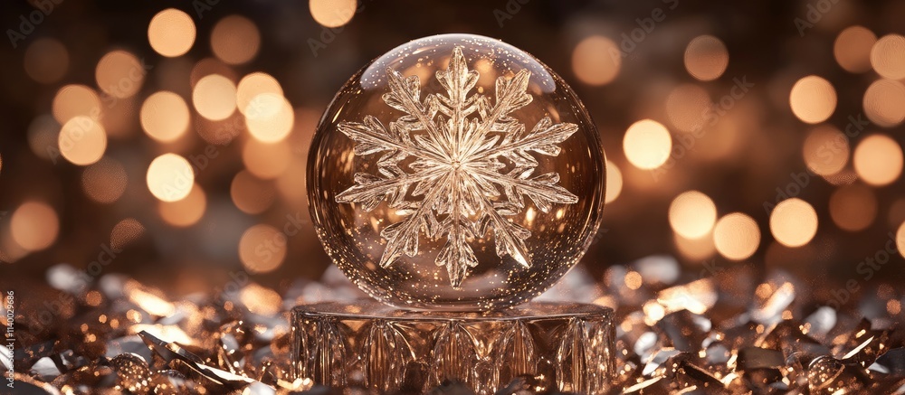 Poster christmas snow globe with an intricate snowflake design illuminated by a backdrop of soft, sparkling