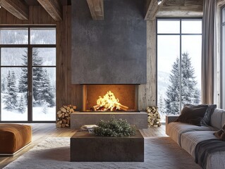 Cozy Rustic Living Room With Fireplace And Winter View