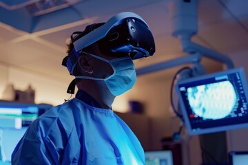 A man dressed in a hospital gown engages with a virtual reality headset, exploring a digital environment. Surgeon practicing procedure in a VR surgical simulation .