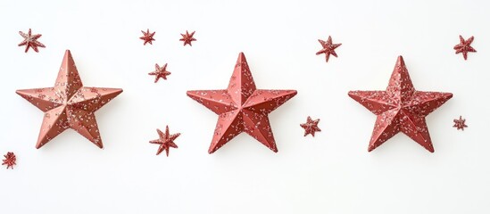 Obraz premium Decorative red Christmas stars arranged on a white background ideal for festive and holiday themes in design projects.