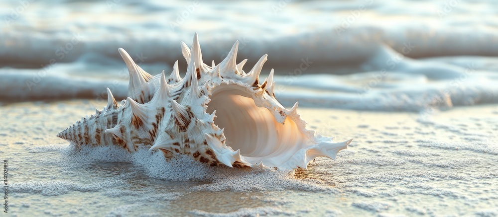 Poster elegant brown and white murex shell resting on sandy shore with gentle ocean waves creating a serene