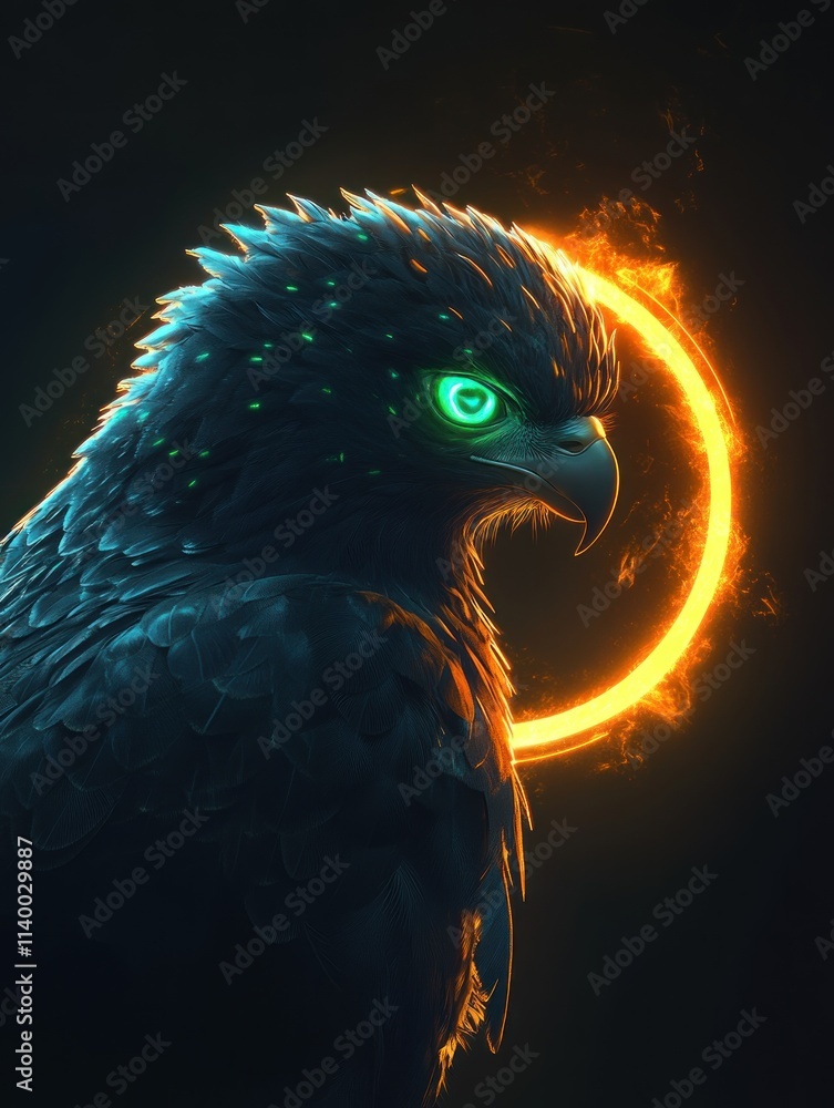 Poster A stylized hawk with glowing eyes and a fiery ring in a dark atmosphere.