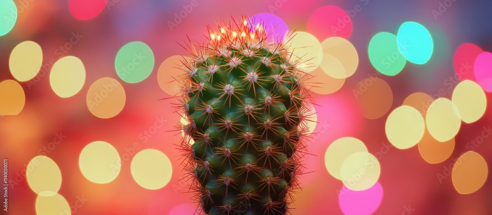 Poster cactus silhouette with vibrant multicolored led bokeh lights creating a dreamy and festive atmospher