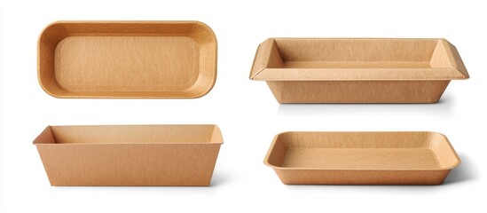Eco-friendly brown paper food trays on white background showcasing various angles and designs suitable for sustainable packaging solutions