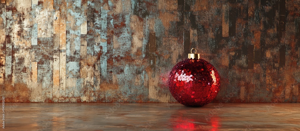Poster festive holiday backdrop featuring a unique disco ball ornament against a textured rustic background
