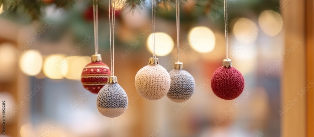 Poster handmade christmas ornaments hanging with fir branches creating a festive atmosphere with blurred bo