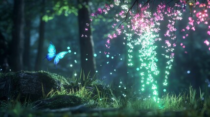 Enchanted Forest  Butterfly  Glowing Flowers  Fantasy Nature Scene