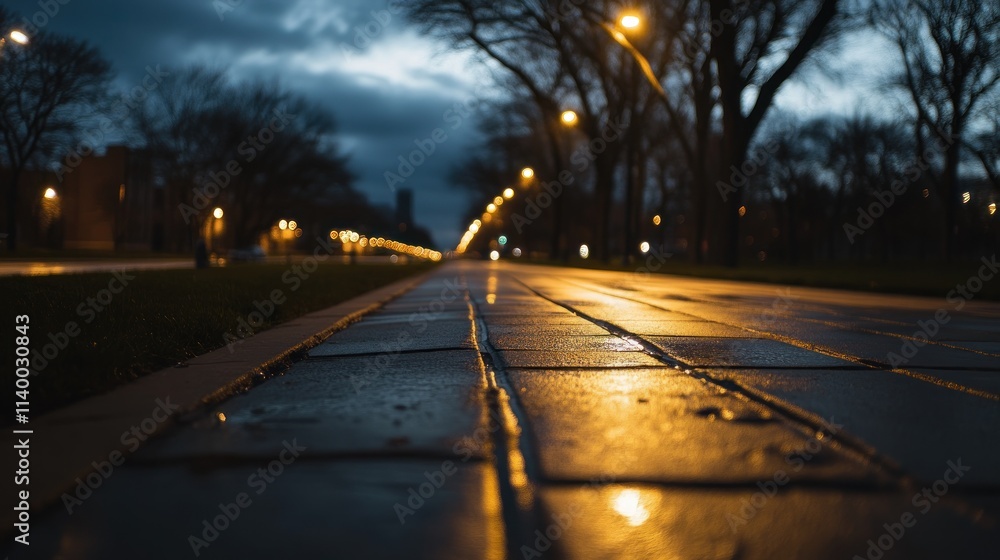 Poster A wet, illuminated pathway at dusk, lined with trees and streetlights.