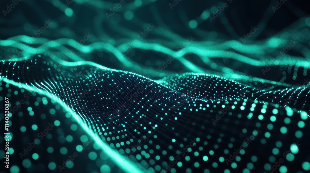 Aufkleber Abstract representation of flowing data with glowing dots and waves.