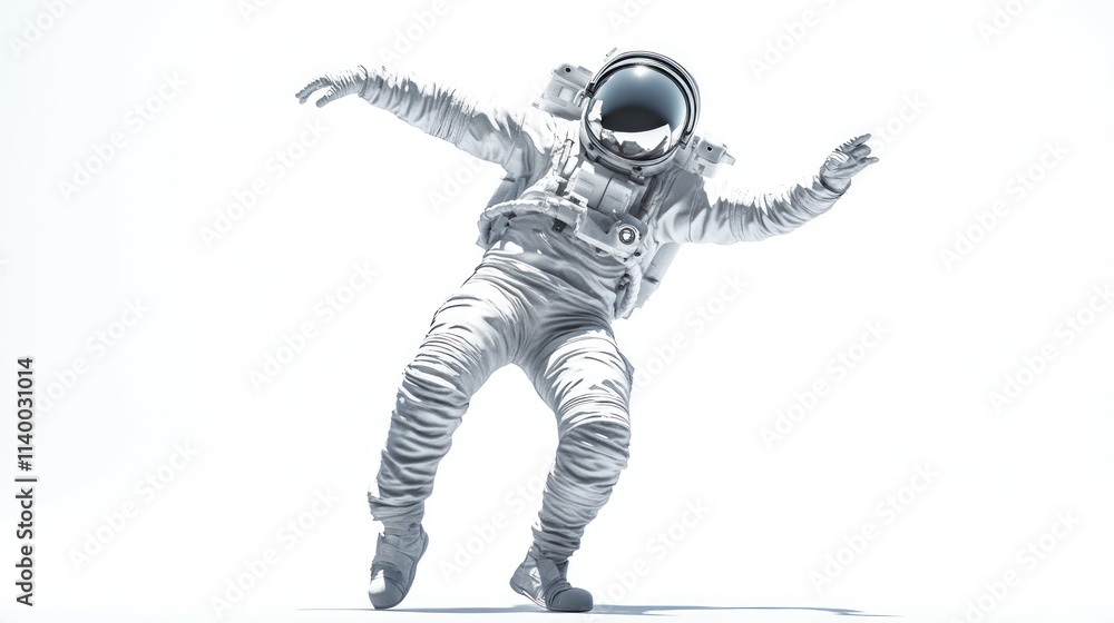 Poster a floating astronaut in a minimalist, white environment, emphasizing space exploration.