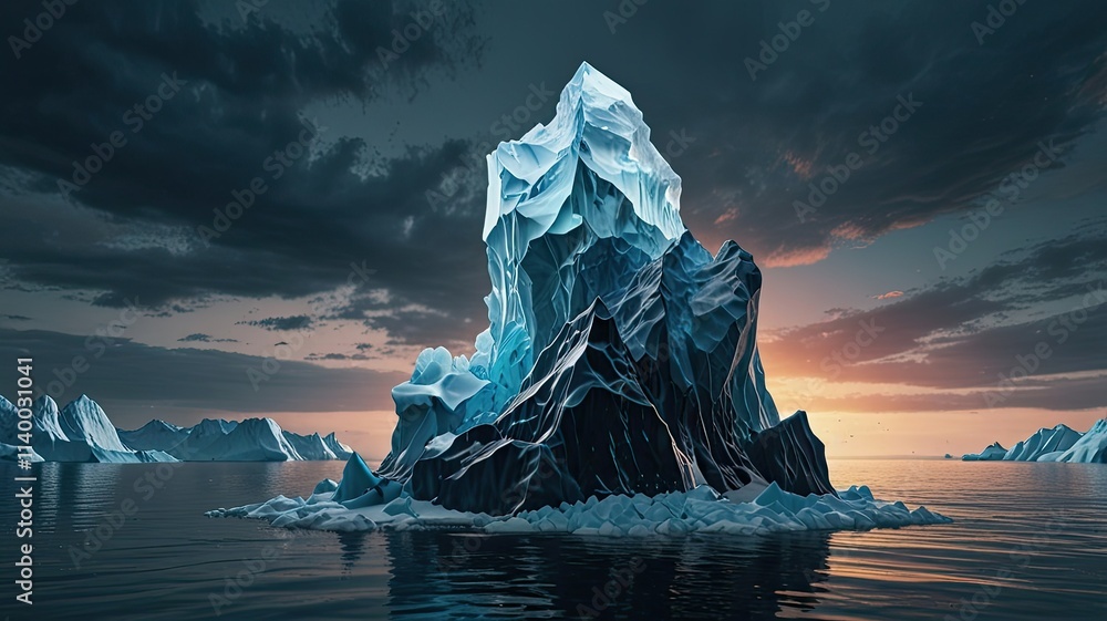 Poster a towering iceberg with sharp edges and various shades of blue stands out against a calm sea during 