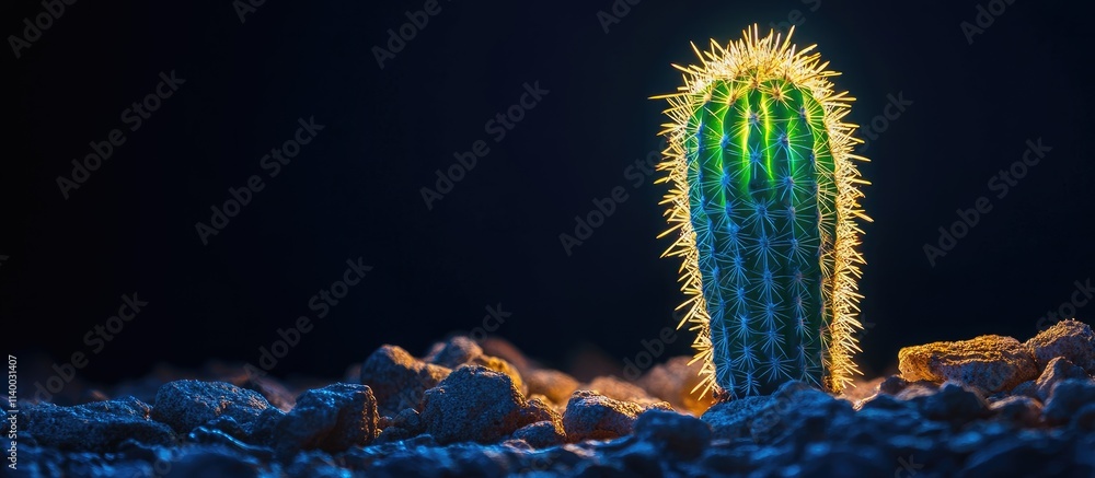 Poster illuminated cactus glowing against a dark led background showcasing unique textures and colors in a 