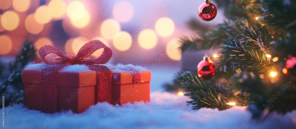 Poster festive christmas gifts nestled in snow near tree branches with a soft bokeh background creating a w