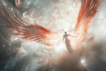 Angelic figure, translucent wings, ethereal cloudy setting.