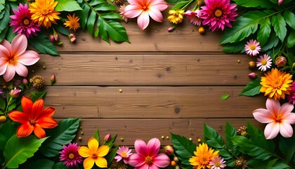 Tropical flowers on wooden background
