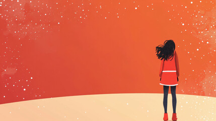 watercolor illustration, Singles Awareness Day, Singles Appreciation Day, silhouette of a girl with her back, red background, vintage postcard, copy space, free space for text