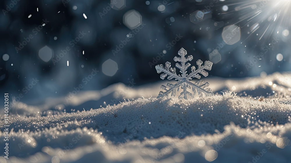 Poster a delicate snowflake lies gently on a bed of sparkling snow illuminated by soft sunlight creating a 
