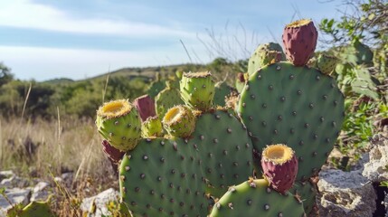 Close-up view of vibrant cactus with ripening fruit against a scenic desert landscape under a clear...