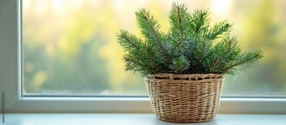Aufkleber spruce branches elegantly arranged in a woven basket on a sunlit windowsill creating a warm and invi