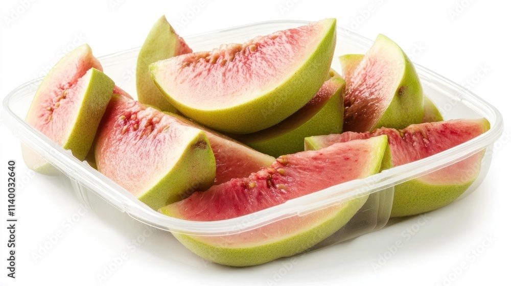 Poster A container filled with fresh, sliced watermelon pieces ready for consumption.