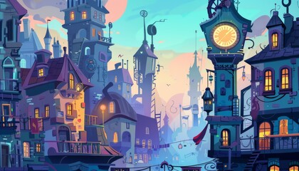 Obraz premium Steampunkc cityscape. Steampunk town, Vintage city with towering struckture. Urban fantasy landscape. Background illustration.