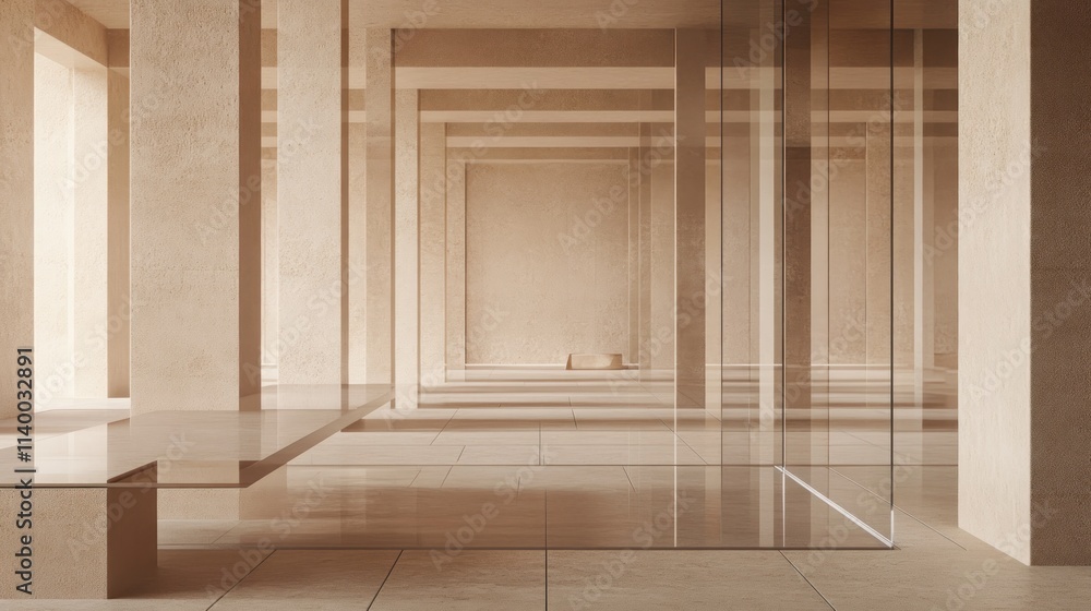 Poster a serene, minimalist interior with light tones and open spaces.