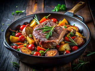 Savor succulent veal and roasted vegetables, beautifully illuminated in a dark skillet.