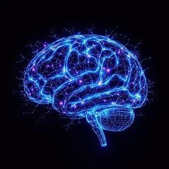 Glowing blue brain, digital neural network, futuristic neuroscience, luminescent anatomy, dark background,