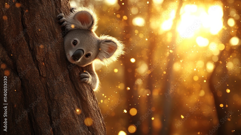 Aufkleber a cute koala peeking from a tree in a sunlit forest with sparkling bokeh effects.