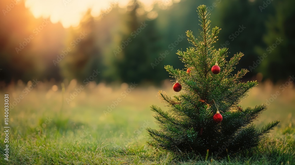 Poster christmas tree adorned with ornaments standing alone in a sunny summer field with a warm light backd