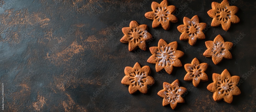 Aufkleber gingerbread snowflake cookies arranged on a dark background with ample space for festive text or hol