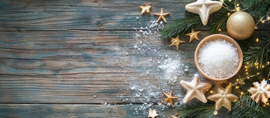 Christmas spa composition with sea salt stars and festive elements on wooden backdrop ideal for body care and wellness gift ideas