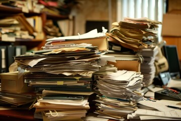 A disorganized desk with a pile of papers labeled "How to Organize Your Office," highlighting office organization tips. The chaos and order of an accounting office during the end of the fiscal year .