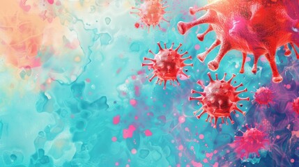 watercolor illustration, Rare Disease Day, close-up of virus cells, blue background, vintage postcard, copy space, free space for text