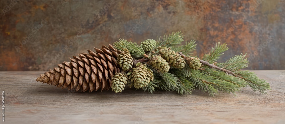 Poster decorative pinecone arrangement with fir tree twigs against a rustic wooden background showcasing sh